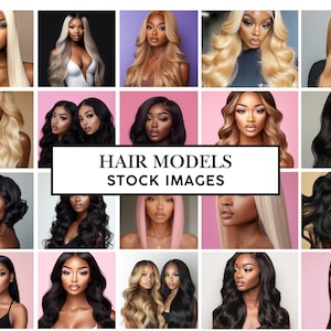 Könnte beinhalten: Eine Collage von Bildern mit verschiedenen Haar-Models mit unterschiedlichen Frisuren und Haarfarben, darunter Blond, Braun und Schwarz. Der Text "HAIR MODELS STOCK IMAGES" wird in einem weißen Rechteck angezeigt.