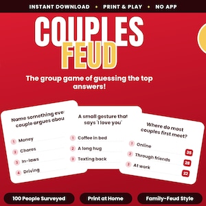 May include: A red digital game card set titled COUPLES FEUD with 50 cards. The design features white text, heart and ring icons, and three sample cards displaying survey questions and answers like Money, Chores, and Online. Includes 18+ label.