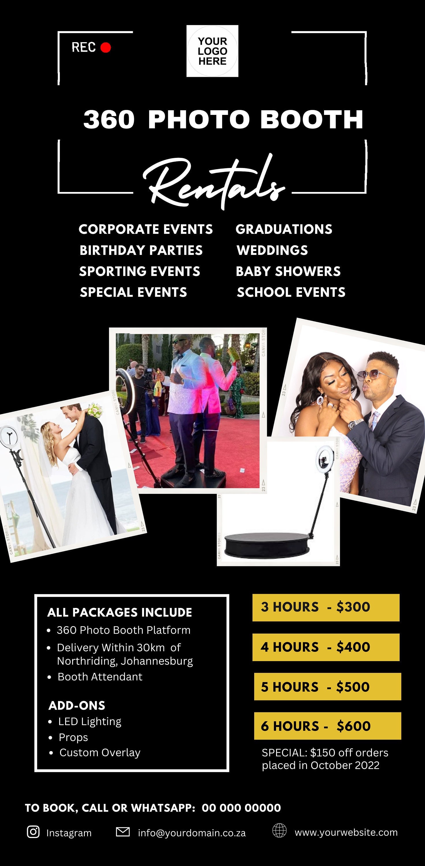 360 photo booth flyer, Price List, 360 photobooth, 360 video booth, 360 booth flyer, 360 booth rental flyer,, CANVA DIY template, spin frame