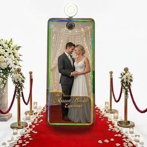 May include: A wedding photo booth with a red carpet, gold stanchions, and white floral arrangements. The booth displays a couple in wedding attire. The text on the booth reads "The Mirror Booth Experience."