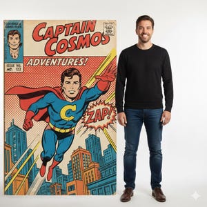 May include: A vintage comic book cover titled "Captain Cosmos Adventures!" features a superhero in a blue and red costume flying over a city. The comic book has a retro style with bold colours and the word "ZAP!" in a speech bubble.