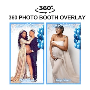 May include: Two photo booth backdrops with a blue and silver glitter background. The backdrops feature the text "Congratulations" and "Baby Shower". One backdrop has a couple posing for a photo, while the other backdrop has a pregnant woman posing for a photo. Both backdrops are decorated with blue balloons.