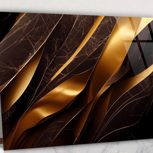 Luxury Gold Abstract on Black Background Glass Wall Art, Gold Design Glass Print, Luxury Gold on Black Background Wall Art