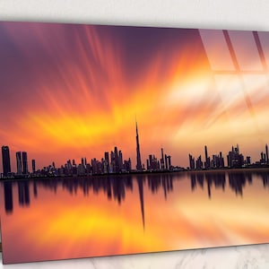 Dubai Skyline with Warm Pastel Sunset Clouds Glass Wall Art, Dubai Landscape, Sunset in Dubai Tempered Glass, United Arab Emirates
