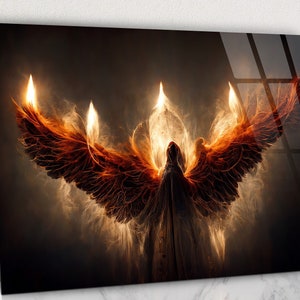 Fallen Angel of Death Glass Wall Art, Lucifer with Glowing Fire Wings Glass Print Wall Art, Demon in Fire Glass Wall Art