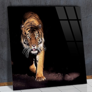 Tiger Step Glass Wall Art, Wild African Animal Tempered Glass, Big Cats Home Decoration