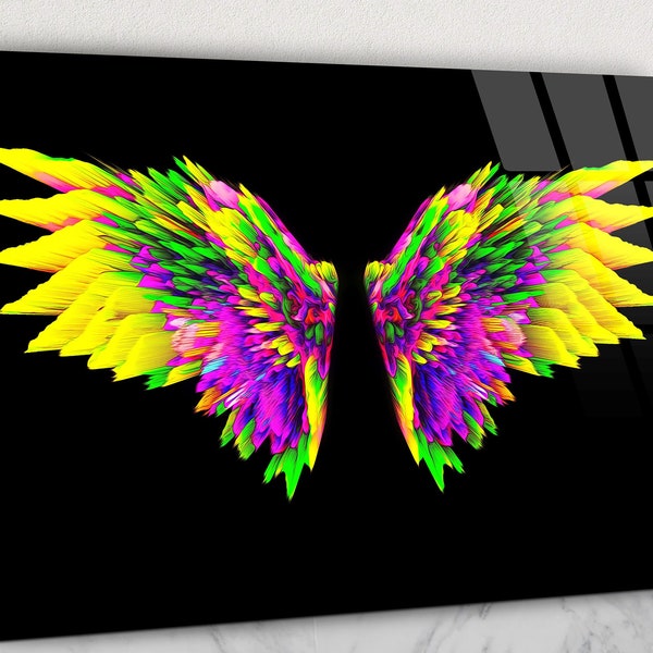 Colorful Abstract Bright Angel Wings Glass Wall Art, Colorful Angel Wings Tempered Glass, Home Decoration Idea