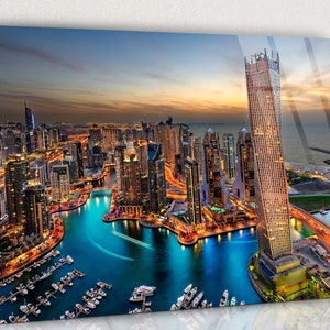 Marina View With Sunset Glass Wall Art, Sunset in Marina Tempered Glass, Marina and Sunset Clouds Landscape, Marina Sunset Glass Wall Art