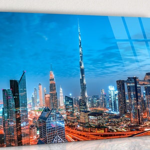 Dubai city Center Skyline Glass Wall Art, UAE Landscape Tempered Glass, Night View and Lights in Dubai Glass Wall Art Home Decoration
