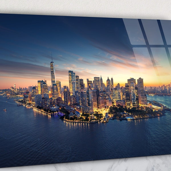 Glass Wall Art New York City Panorama Skyline at Sunrise, New York Landscape Tempered Glass Art, United States of America Glass Wall Art