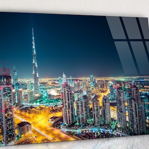 Amazing Night View of Dubai City Center Glass Wall Art, Dubai Landscape Art, Dubai City Center View From Above Tempered Glass, UAE Glass Art