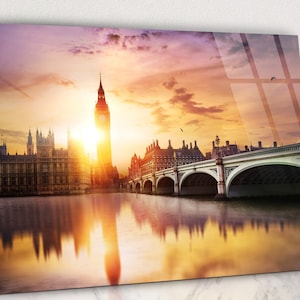Big Ben Clock Tower and Sunset in London Glass Wall Art, Sunset at Big Ben Clock Tower Tempered Glass, Perfect Sunset in London Glass Art