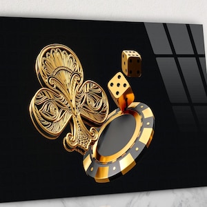 Simboli delle carte da gioco con ricamo tradizionale, arte murale in vetro, dadi con fiches da poker e assi in vetro temperato, gioco da casinò nero e dorato