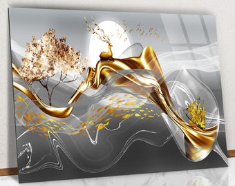 3D Drawing Of Deer And Liquid Glass Wall Art, 3D Gold Liquid on Gray Tempered Glass, Gray Background And Gold Glass Wall Art Home Decoration