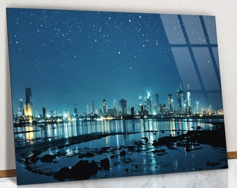 Mumbai City at Night Glass Wall Art, Mumbai Landscape Tempered Glass, View of Mumbai City Reflected in The Water Wall Art, Mumbai Night Art
