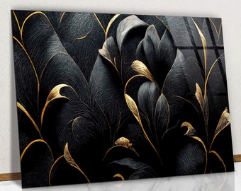 Black and Gold Flower Shapes Glass Wall Art, 4K Abstract Luxury Design Glass Print, Black Silk Texture Illustration Wall Art Home Decoration