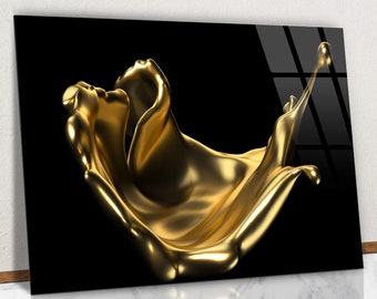 Luxury Gold Splash Glass Wall Art, Golden Pattern Tempered Glass, Black Background Home Decoration