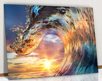 Colorful Ocean Wave Glass Wall Art, Sea water in Crest Shape Tempered Glass  Sunset Light and Beautiful Clouds