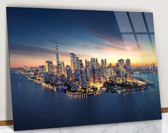 Glass Wall Art New York City Panorama Skyline at Sunrise, New York Landscape Tempered Glass Art, United States of America Glass Wall Art
