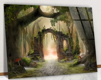 Archway in an Enchanted Fairy Forest Landscape Glass Wall Art, Misty Dark Mood Fairy Forest Tempered Glass