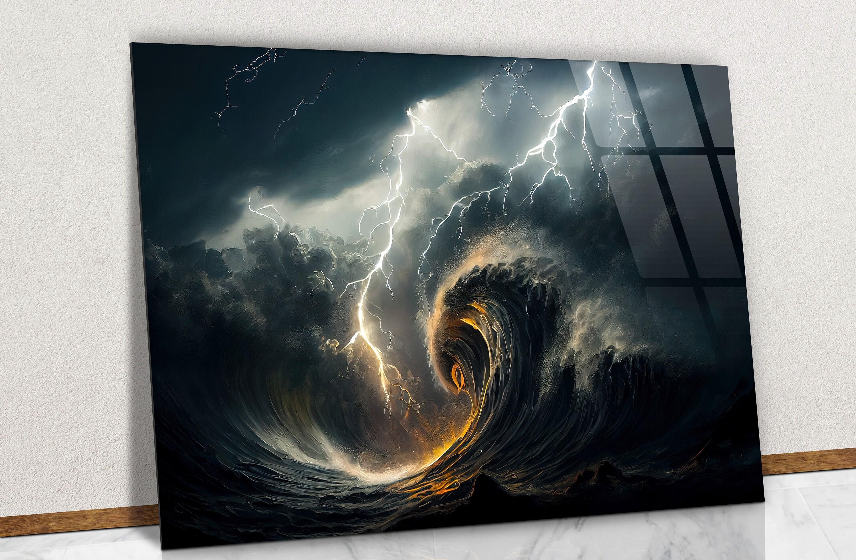 A Strong Storm in the Ocean Glass Wall Art, Lightning Falling From Dark