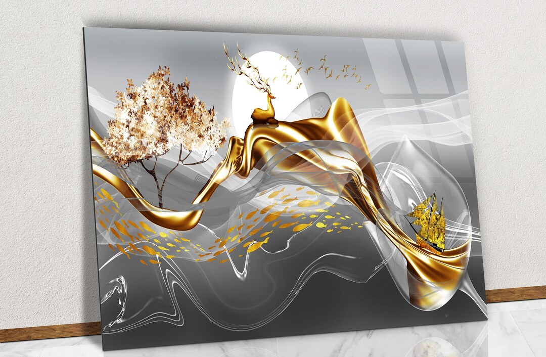 3D Drawing of Deer and Liquid Glass Wall Art, 3D Gold Liquid on Gray