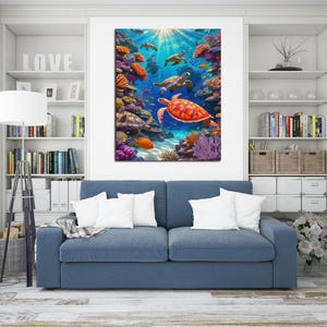 May include: A colourful painting of sea turtles swimming in a coral reef. The turtles are various shades of green, brown, and orange. The coral reef is a vibrant mix of pink, orange, and yellow. The background is a deep blue ocean.
