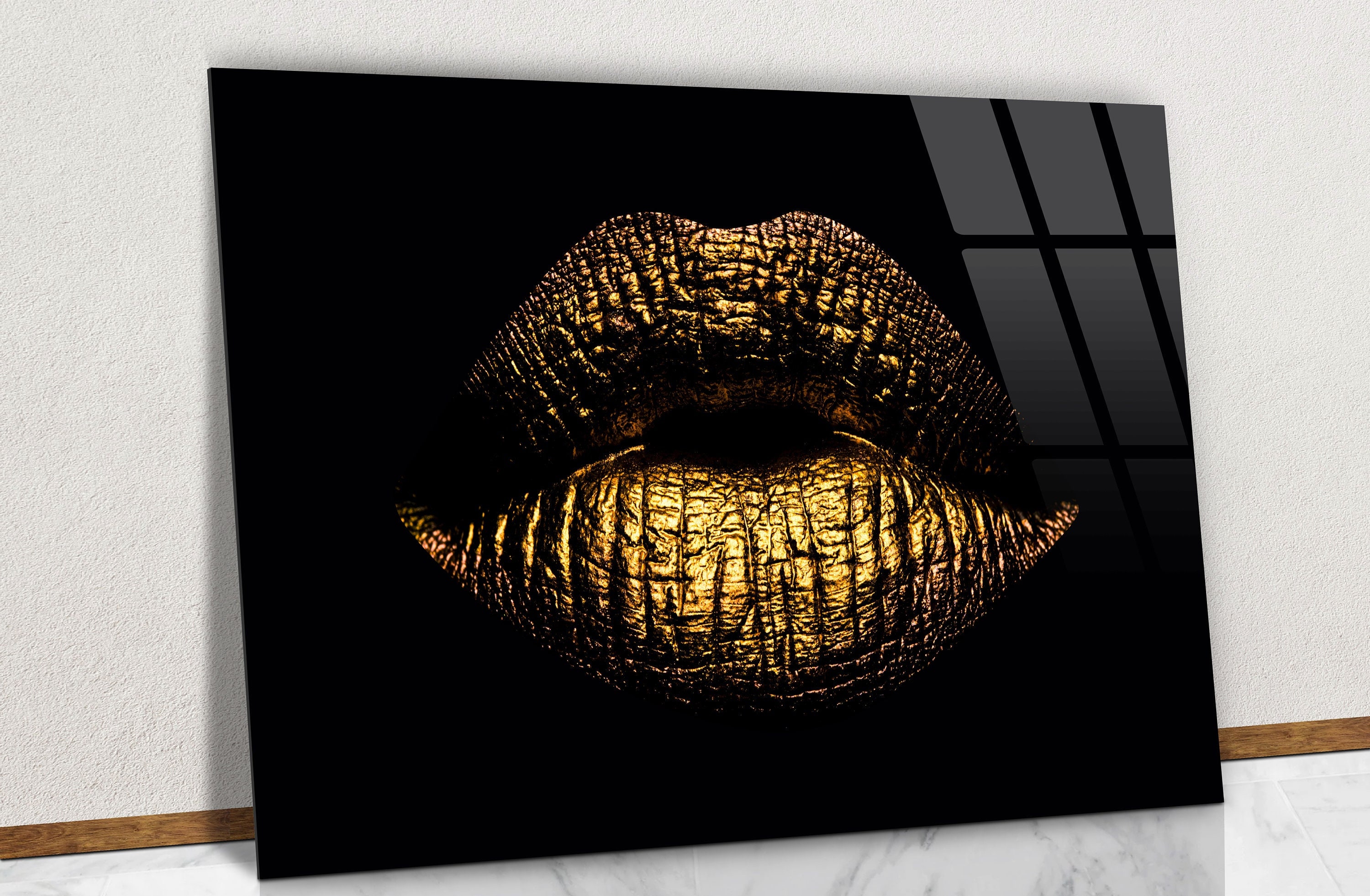 Gold Lips Glass Wall Art, Golden Lip Gloss on Beauty Women Glass Print