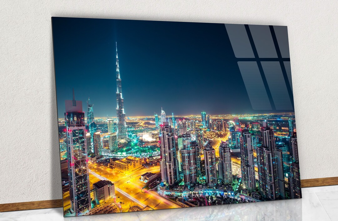 Amazing Night View of Dubai City Center Glass Wall Art, Dubai Landscape