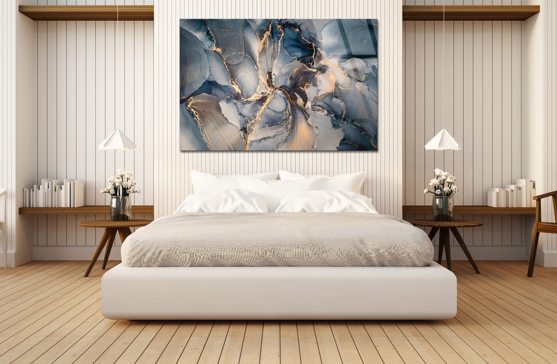 Luxury Abstract Liquid Art Painting Glass Wall Art, Mix of Dark Blue