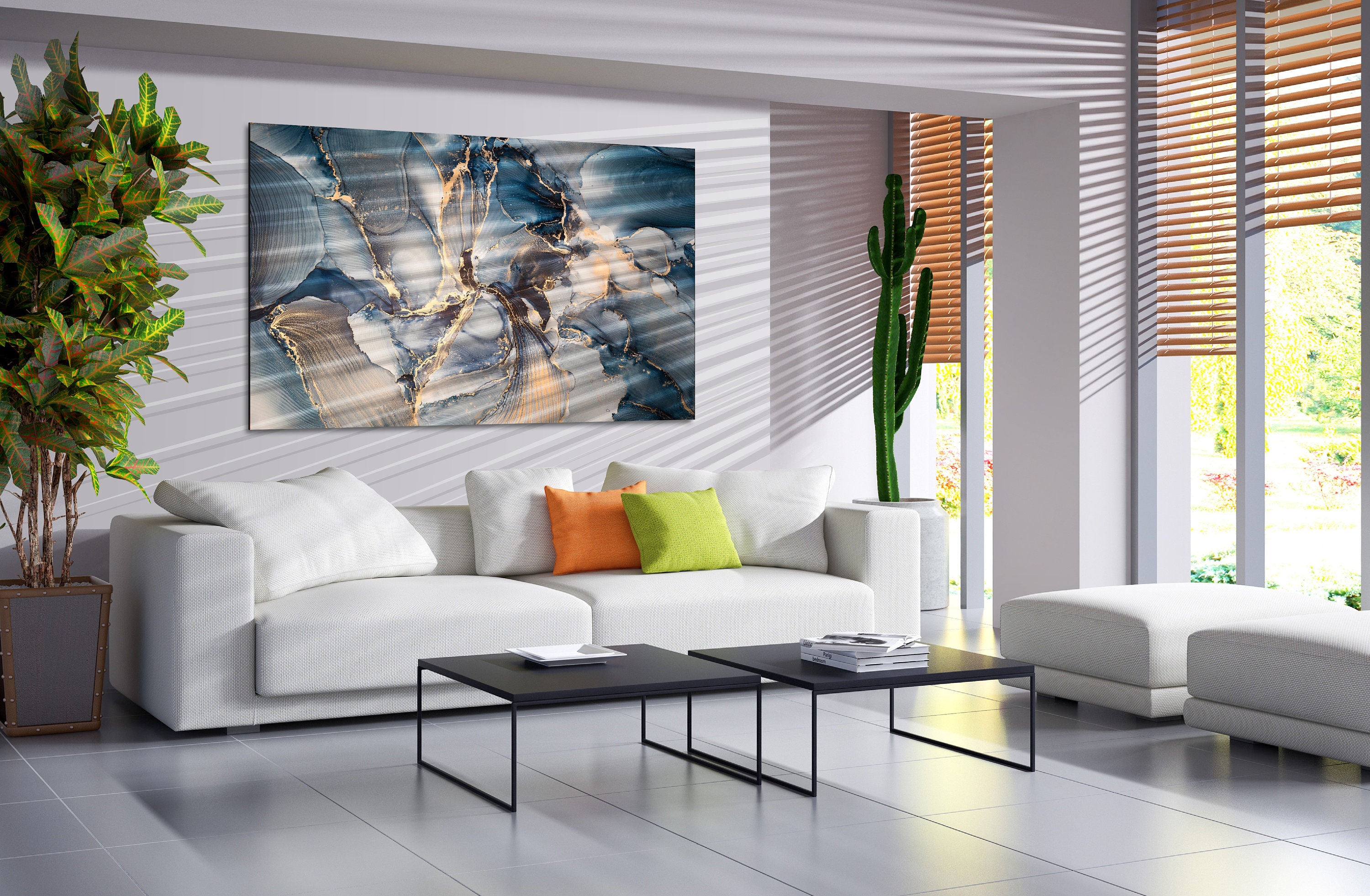 Luxury Abstract Liquid Art Painting Glass Wall Art, Mix of Dark Blue
