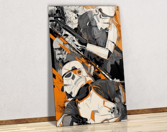 Futura Soldier Wall Art, Orange Grey Space Warrior Poster, Sci-Fi Armor Canvas, Tactical Trooper Print, Gritty Galactic Combat Digital Art