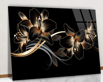 Luxury Golden Lilies Flowers in Black Glass Wall Art, Vintage Luxury Lilies Tempered Glass, Lilies Flowers Glass Home Decoration