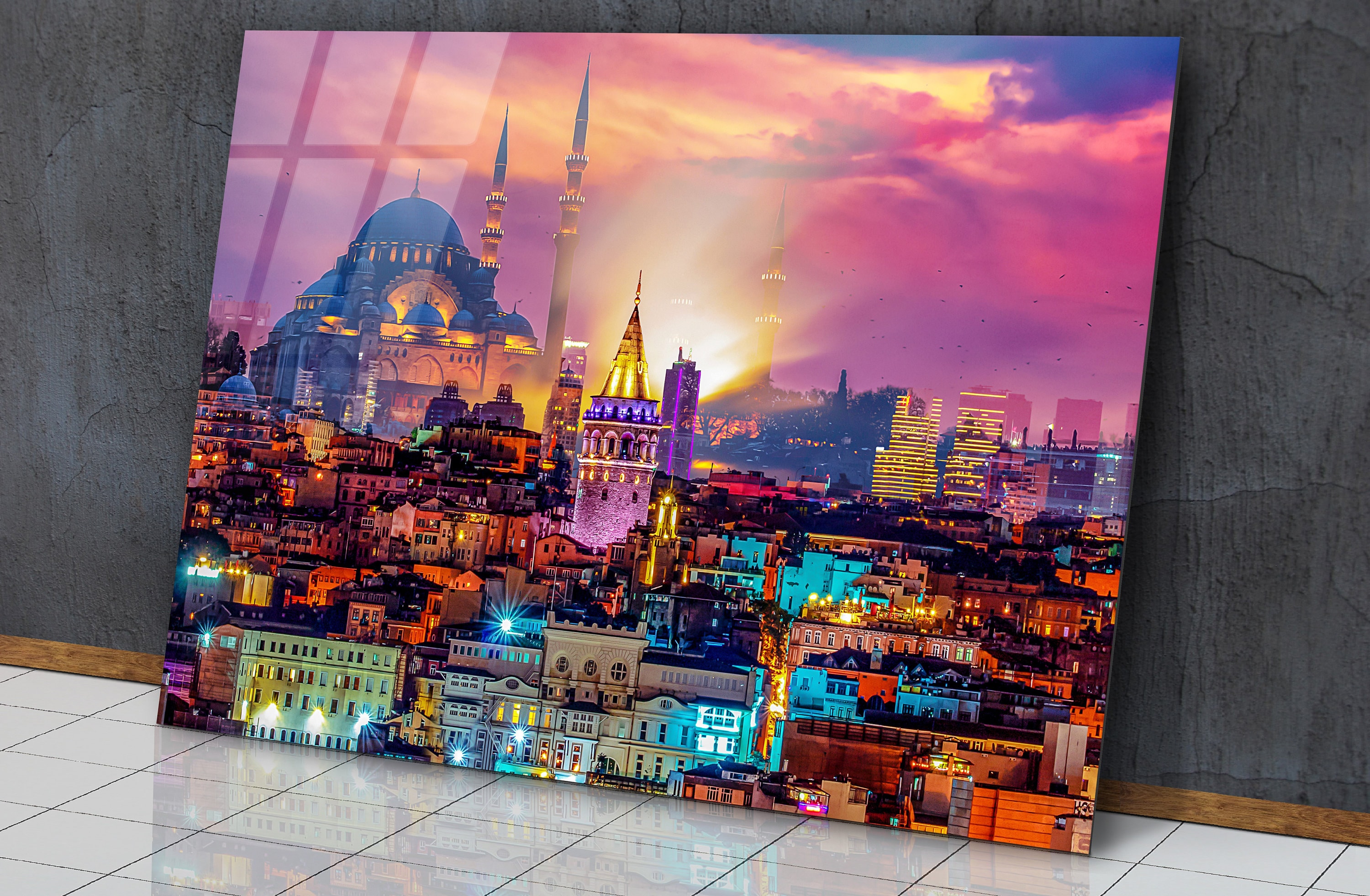 Istanbul Galata Tower and Suleymaniye Mosque Sunset Clouds Glass Wall