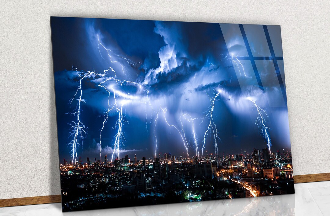 A Strong Storm in the City Glass Wall Art, Lightning Falling From Blue Clouds Tempered Glass