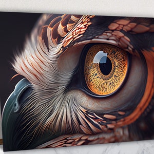 Tierauge Starren Gedruckte gehärtete Glas Wandkunst, Wilde Eule Glas Wandkunst, gehärtete Glas Wandkunst, lebendige Wanddekor, bunte Wandkunst