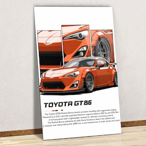 May include: An orange Toyota GT86 car illustration with a Rocket Bunny widebody kit. The image includes close-ups of the car's details and text that reads "TOYOTA GT86". The car has a sporty design with a front splitter and rear wing.