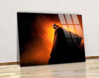 Darth Lord Silhouette in Fiery Ember Glow, Galactic Dark Knight Canvas Art, Dramatic Orange Black Room Decor, Sci-Fi Fantasy Glass Wall Art