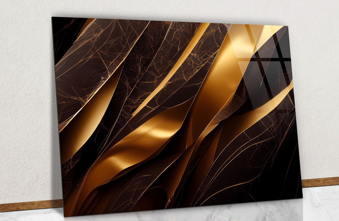 Luxury Gold Abstract on Black Background Glass Wall Art, Gold Design