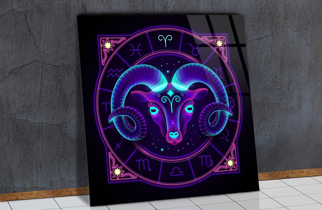 Neon Aries Zodiac Signs and Neon Astrology Tempered Glass Wall Art, Neon Astrology Signs Glass