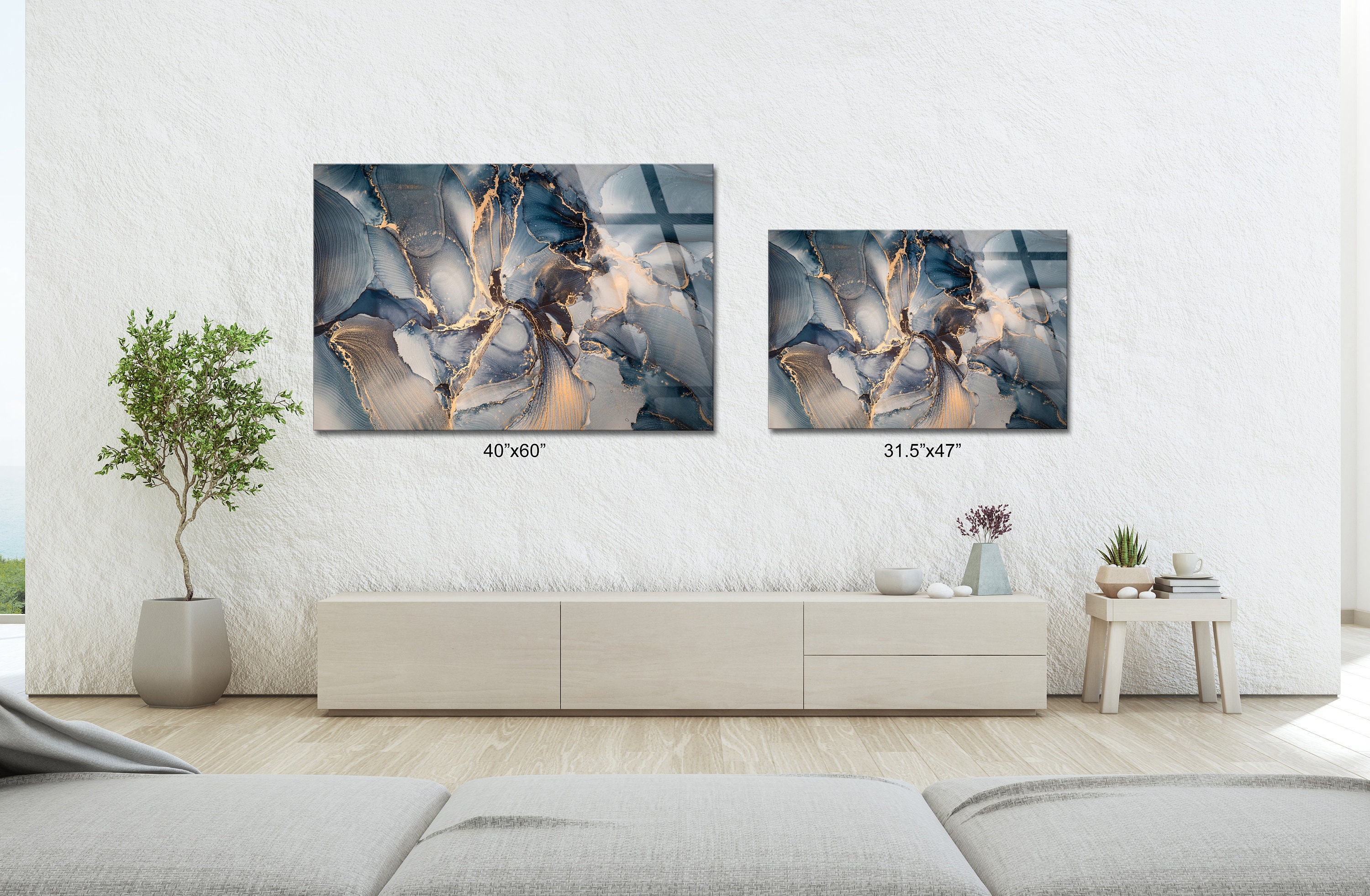 Luxury Abstract Liquid Art Painting Glass Wall Art, Mix of Dark Blue