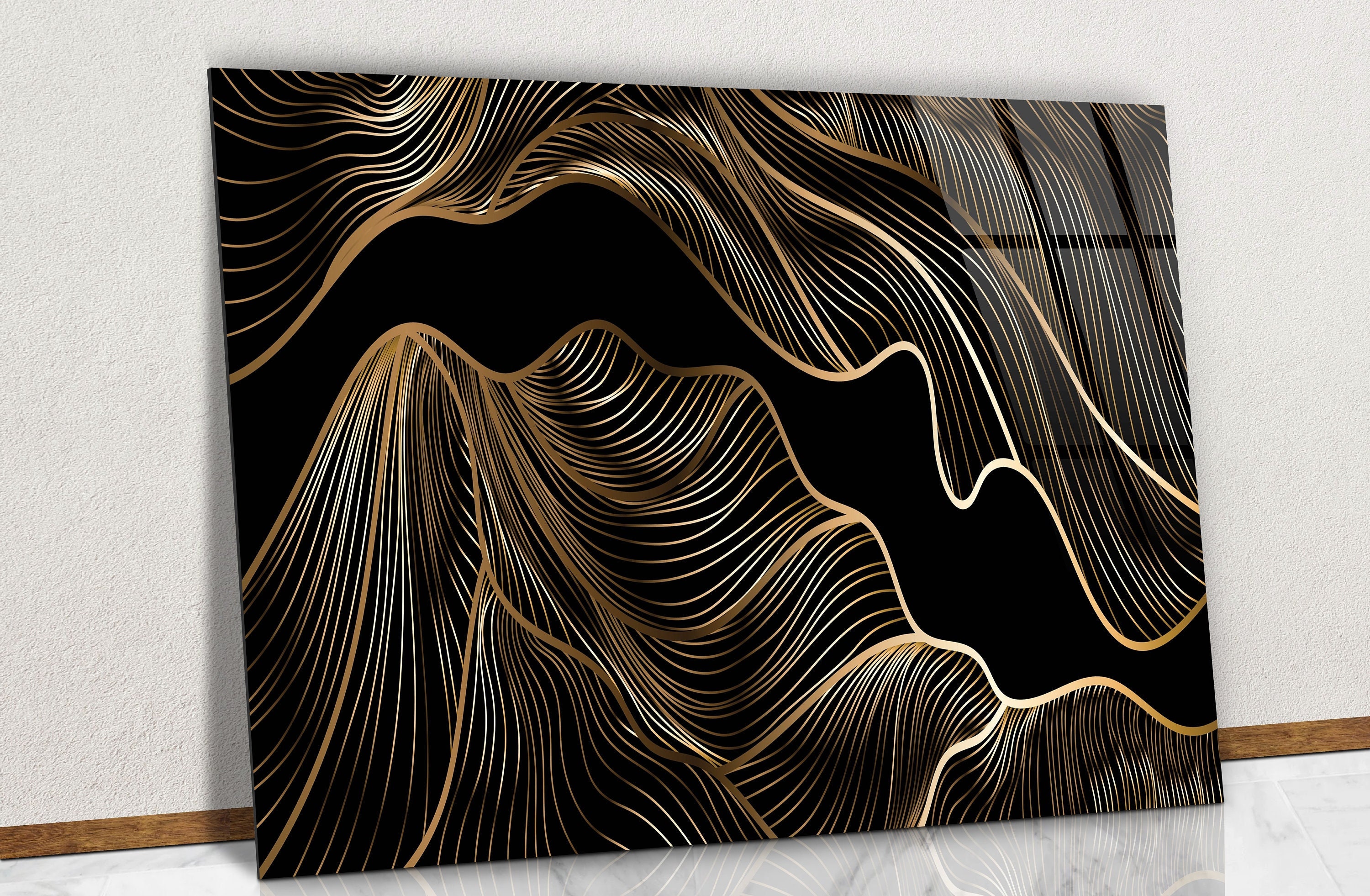 luxury Gold Illustration on A Black Background Glass Wall Art, Black and Gold 3D Gold Illustration Tempered Glass Wall Art Home Decoration