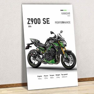 Arte de parede em vidro com a motocicleta Kawasaki Z900 SE 2024, um modelo superesportivo de alta performance. Impressão elegante e moderna, com acabamento brilhante, ideal para decoração e presente para motociclistas. 948cc