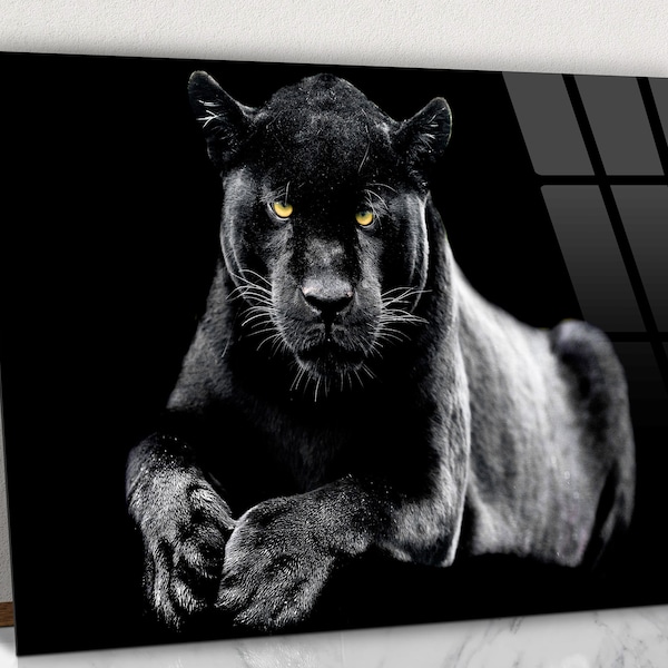 Arte de pared de vidrio Jaguar en fondo negro, impresión de vidrio de pantera negra de animal salvaje, decoración del hogar de vidrio templado animal