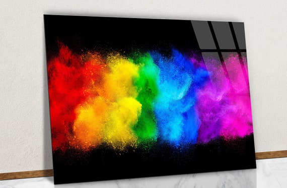 Colored Powder Explosion Glass Wall Art, Rainbow Powder Coating Tempered Glass Wall Art, Colorful Abstract Glass Wall Art Home Decoration