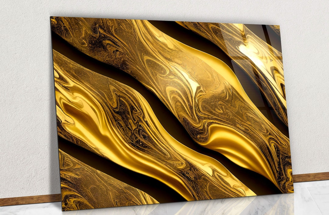 Golden Shapes and Abstract Geometric Liquid Glass Wall Art, Gold Design