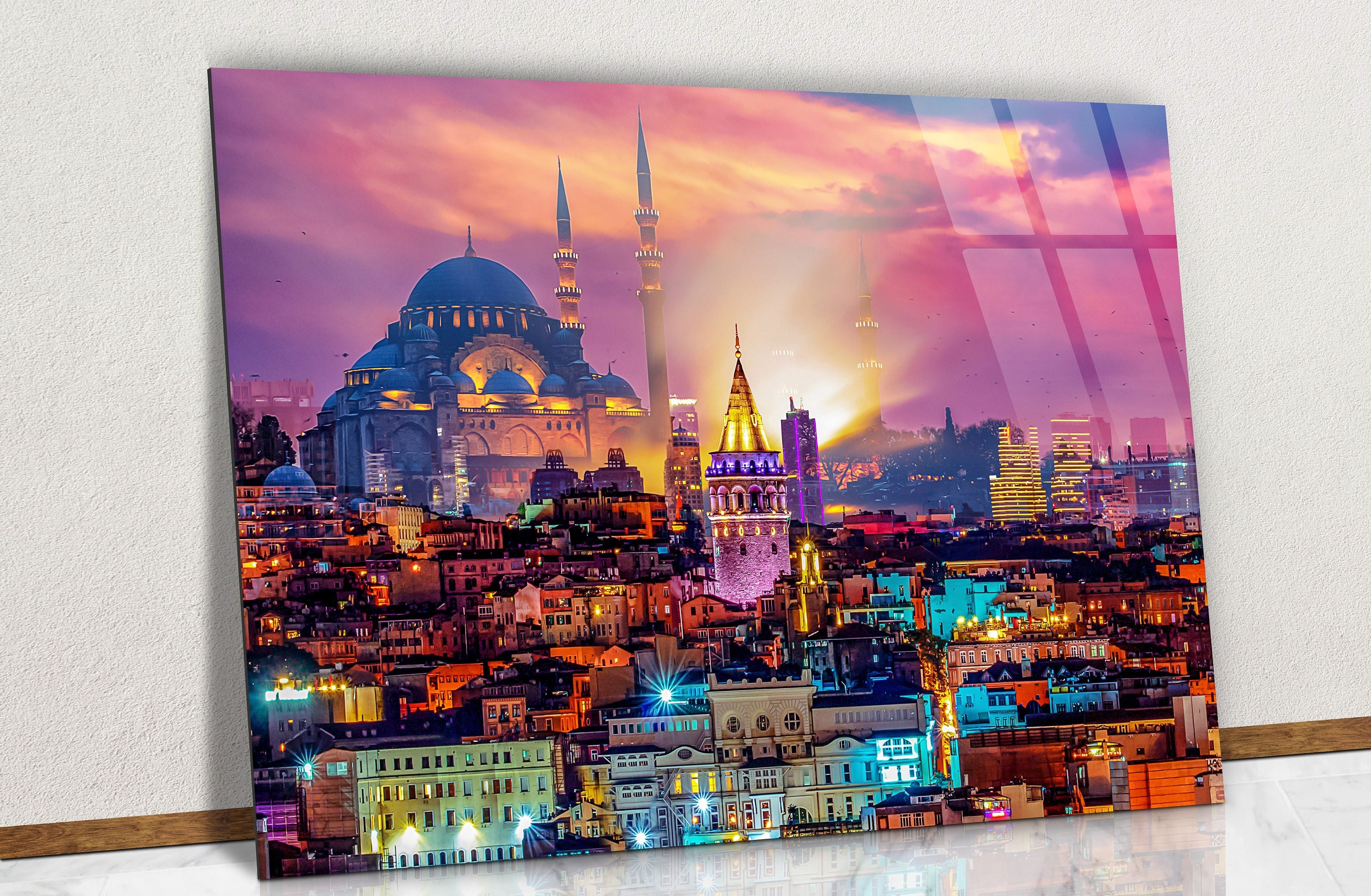 Istanbul Galata Tower and Suleymaniye Mosque Sunset Clouds Glass Wall