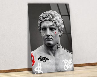 Graffiti Roman Statue Glass Wall Art, Urban Classical Sculpture Canvas, Modern Street Art Decor, Renaissance Bust Artwork, Poster Print Art