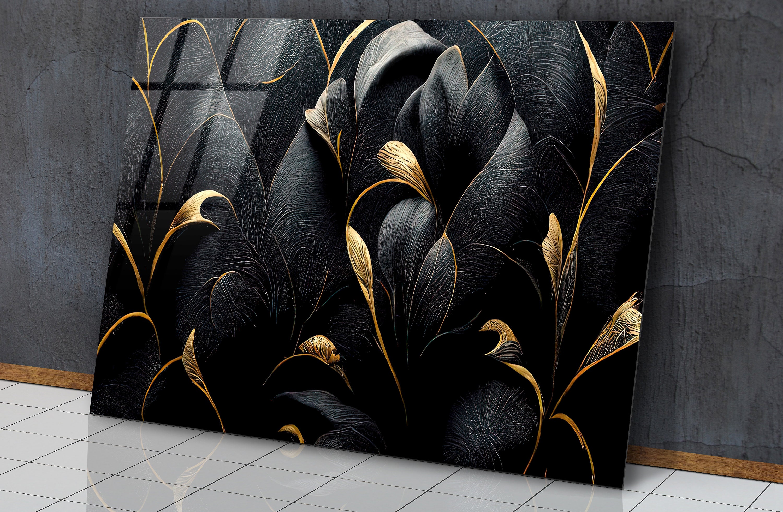 Black and Gold Flower Shapes Glass Wall Art 4K Abstract - Etsy