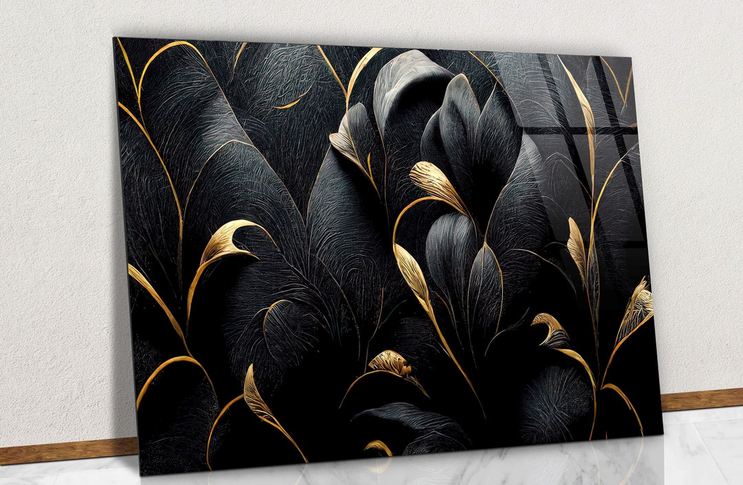 Black and Gold Flower Shapes Glass Wall Art, 4K Abstract Luxury Design ...